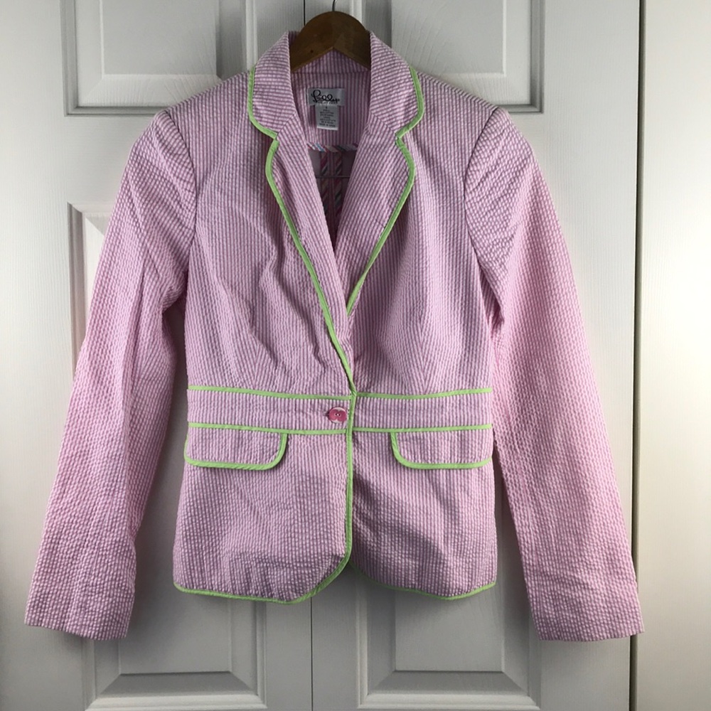 Lilly Pulitzer Pink Seersucker Blazer with Lime Trim